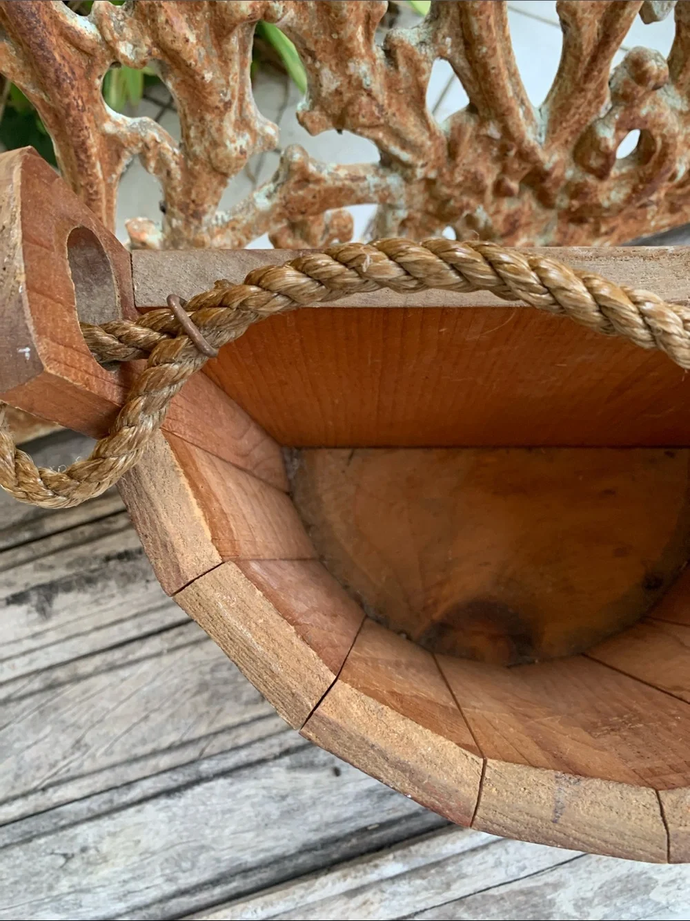 Vintage Flat Sided Wooden Hanging Basket with Red Heart and Floral Accents